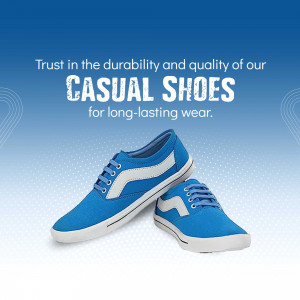 A pair of blue and white casual sneakers against a blue gradient background with text about durability.