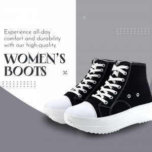 A pair of stylish black high-top sneakers with thick white soles on a two-tone grey background with marketing text.