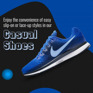 A bright blue Nike Zoom casual shoe displayed on a black and blue background with marketing text