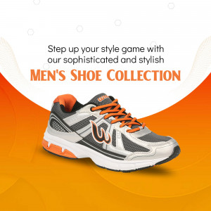 A stylish grey and orange men's athletic sneaker displayed on an orange and white background.
