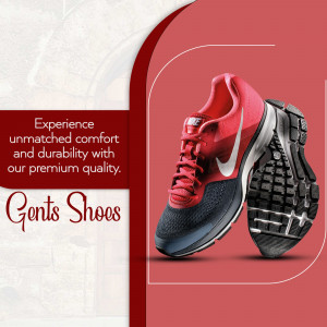 A red and black Nike men's sneaker displayed in a promotional social media advertisement