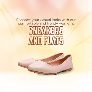 A pair of light pink women's flats on a soft peach background with text promoting comfortable and trendy footwear.