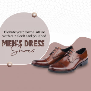 A pair of polished brown leather men's dress shoes displayed on a branded promotional background.