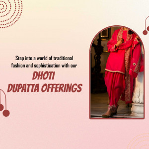 A woman wearing a vibrant pink traditional dhoti outfit with intricate embroidery and matching dupatta in an arch-framed graphic
