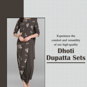 A woman wearing a stylish grey floral dhoti dupatta set displayed in a minimalist social media advertisement layout.