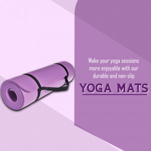 A rolled-up light purple yoga mat with a black carrying strap on a purple background.