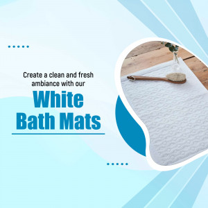 A clean white bath mat placed on a wooden surface with a scrubbing brush, displayed as part of a promotional graphic for home textiles.