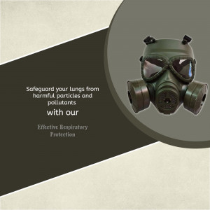 An olive green military-style gas mask used for respiratory protection against pollutants