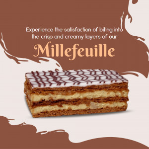 A delicious layered Millefeuille pastry with crisp crust and creamy filling on a brown and cream graphic background.