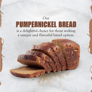 A loaf of sliced pumpernickel bread on a textured off-white background with marketing text