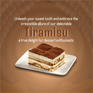 A square slice of creamy Tiramisu on a white plate against a brown gradient background