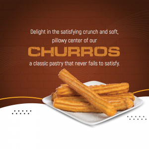 A plate of crispy, golden-brown churros on a white square plate against a dark brown, textured brick background with promotional text.