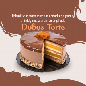 A slice of decadent multi-layered Dobos Torte cake on a brown background
