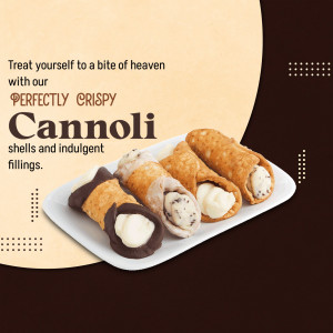 A plate of four assorted crispy cannoli pastries with various cream fillings against a cream and dark brown background.