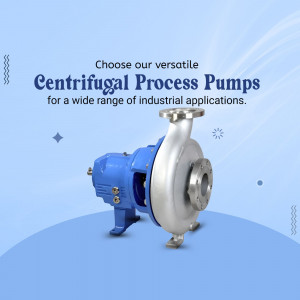 A blue industrial centrifugal process pump displayed on a light blue background for industrial marketing.
