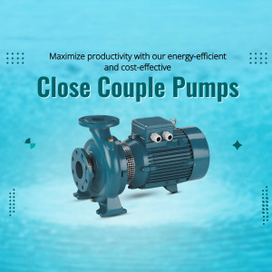 An industrial blue close couple pump displayed on a water-themed background