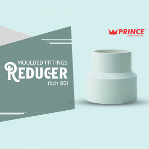 Prince Piping Systems Sch 80 moulded reducer pipe fitting on a light blue background
