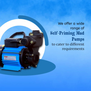 A high-efficiency blue and black electric self-priming mud pump displayed against a light blue graphic background.