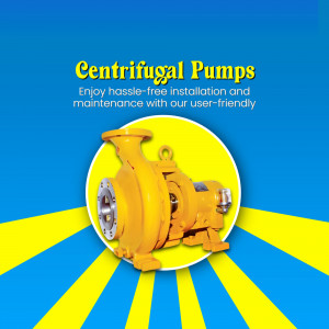 Yellow industrial centrifugal pump with blue and yellow sunburst background