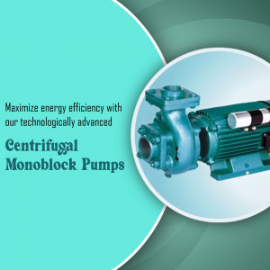A teal-colored industrial centrifugal monoblock pump featured in a promotional advertisement.
