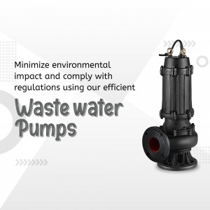 An efficient industrial waste water pump on a white background with promotional text.
