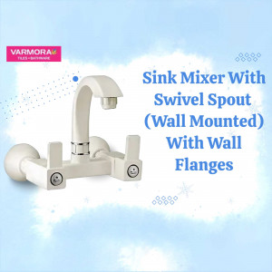 A white wall-mounted sink mixer faucet with a swivel spout from Varmora Bathware.