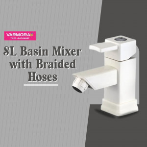 A white Varmora brand basin mixer faucet with braided hoses on a grey background.