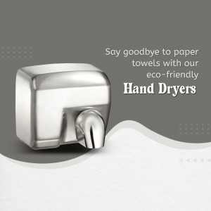 A metallic industrial hand dryer mounted on a wall with text advertisement