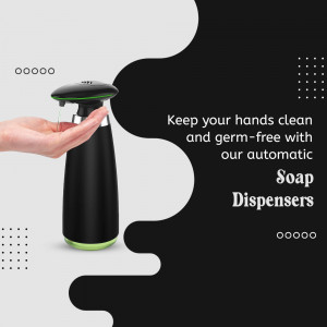 An automatic soap dispenser dispensing soap onto a hand against a black and white background.