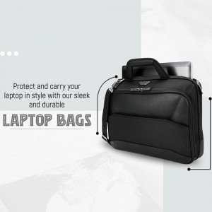 A professional black laptop bag on a light grey background with text overlays