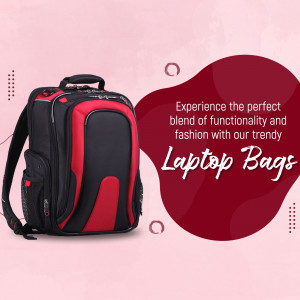 A stylish, multi-functional black and red laptop backpack displayed on a soft pink background with marketing text.