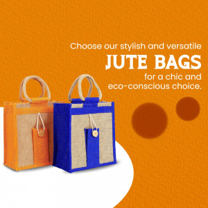 Two stylish eco-friendly jute bags in orange and blue on an orange background