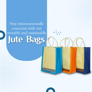 A display of three reusable and sustainable jute bags in different colors against a blue and white patterned background.