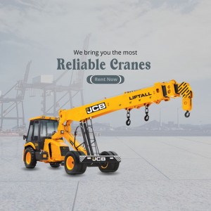 Yellow JCB Liftall crane parked on a construction site with rental call to action