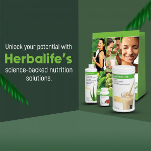 A promotional image for Herbalife nutrition products featuring supplements and a shopping bag on a green background.