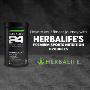 Herbalife 24 Formula 1 Sport nutrition supplement container on a dark textured background
