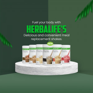 A display of various Herbalife meal replacement shake powder containers on a white cylindrical pedestal against a green background.