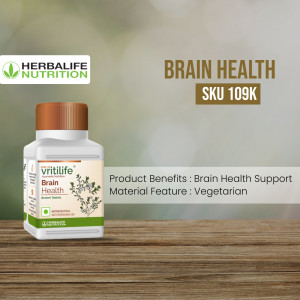 A bottle of Herbalife Vritilife Brain Health supplement displayed on a rustic wooden table with product details.