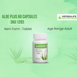 Herbalife Nutrition Aloe Plus capsules bottle on a light green background with aloe vera design