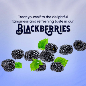 A collection of fresh, ripe blackberries with green leaves against a light blue gradient background with marketing text.
