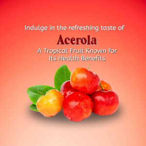 A cluster of fresh red and orange acerola cherries with green leaves against a soft orange gradient background.