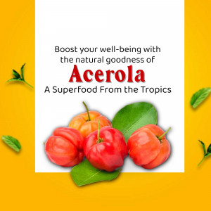Fresh Acerola cherries on a bright yellow background promoting wellness