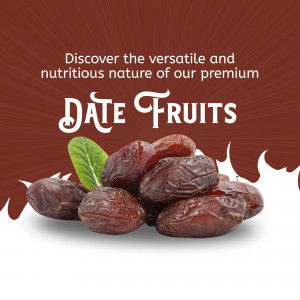 A heap of fresh, organic date fruits with a green leaf against a dark maroon and white background.
