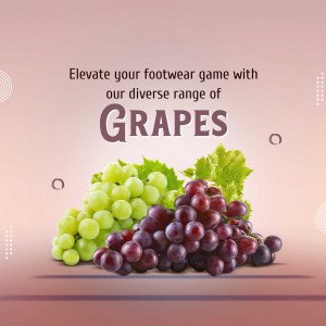 Fresh green and red grapes with text overlay about footwear