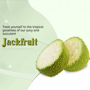 Sliced fresh jackfruit on a light green background with promotional text