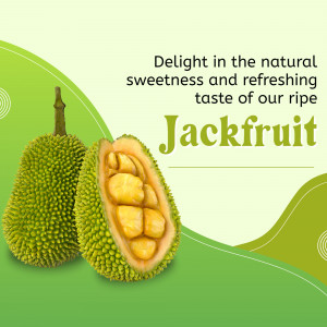 A graphic featuring a whole jackfruit and a sliced jackfruit showcasing its yellow fruit segments on a light and dark green background.