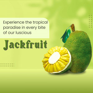 A fresh whole and sliced jackfruit with promotional text on a light green background.