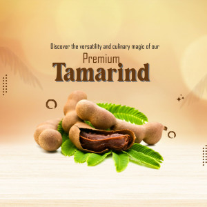A creative product advertisement featuring fresh tamarind pods on green leaves against a warm gradient background.