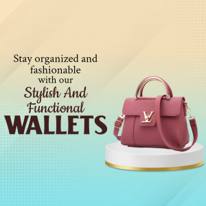 A fashionable pink handbag displayed on a white pedestal with promotional text
