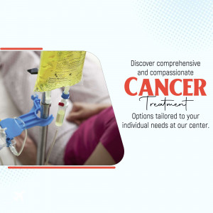 A person receiving IV chemotherapy treatment in a medical setting, with promotional text about compassionate cancer care.
